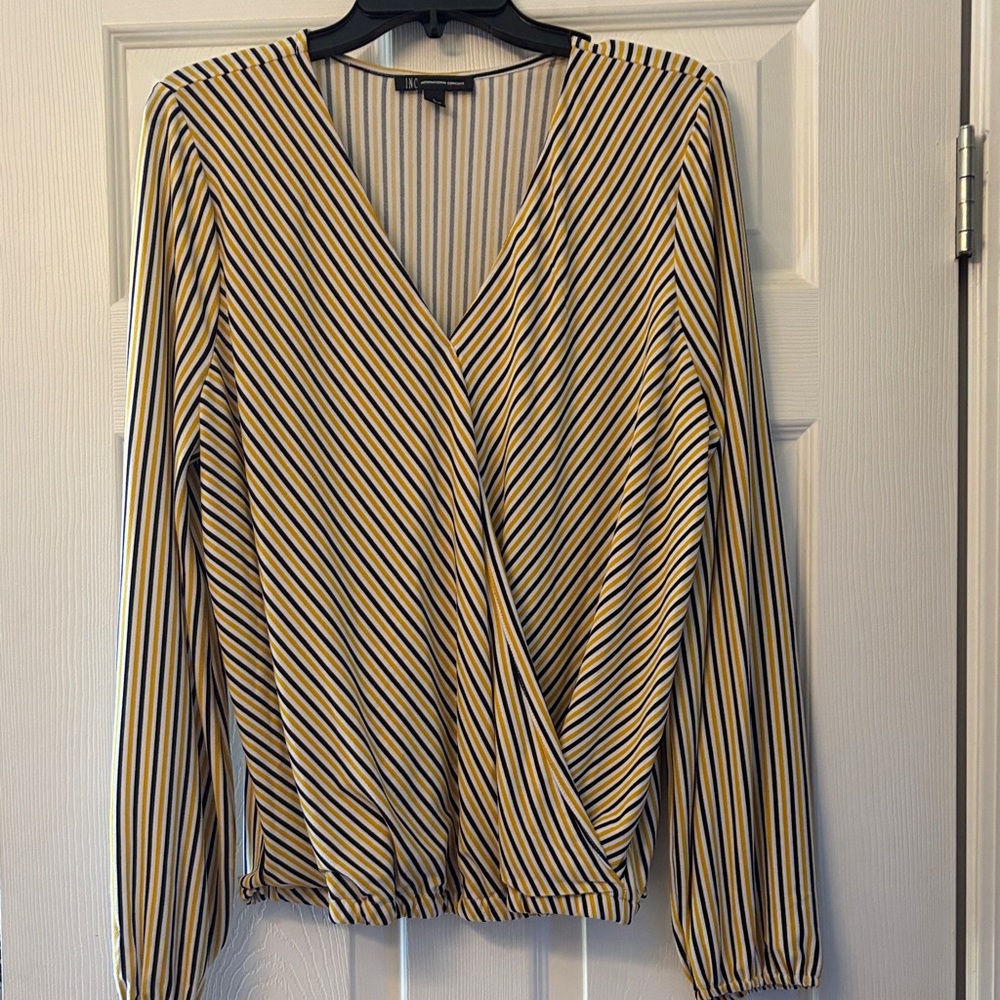 INC International Concepts Yellow and Navy Striped Surplice Blouse